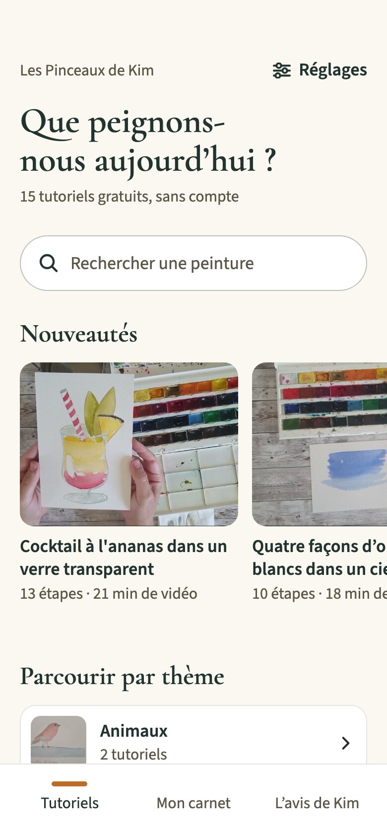 Écran d'accueil de l'application : « Que peignons-nous aujourd'hui ? », une recherche, les nouveautés et les thèmes.