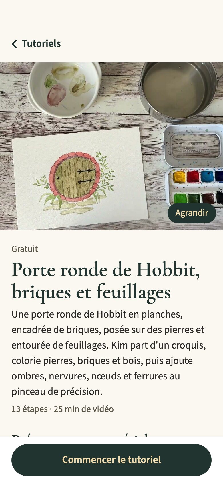 Écran de préparation d'un tutoriel : aperçu de l'aquarelle, liste du matériel et bouton « Commencer le tutoriel ».