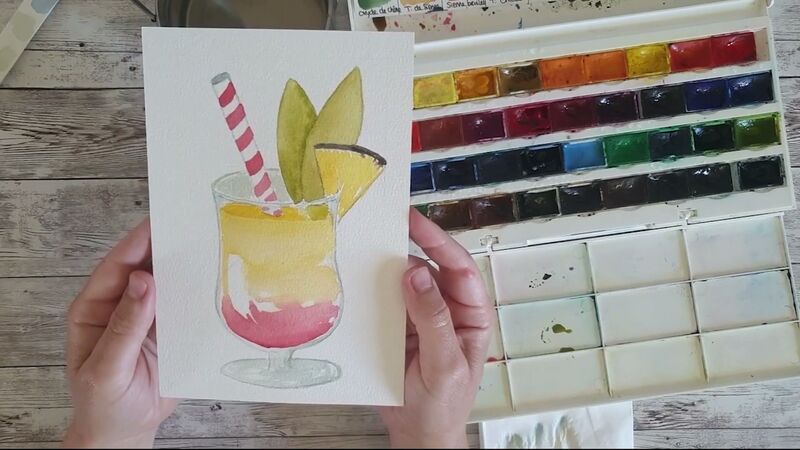 Aquarelle d'un cocktail jaune et rouge rosé dans un verre à pied, avec une paille rayée et une tranche d'ananas.