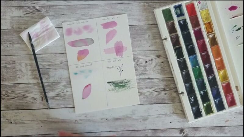 Feuille partagée en quatre cases d'exercices : taches roses, pétales, touches turquoise et textures vert sapin.