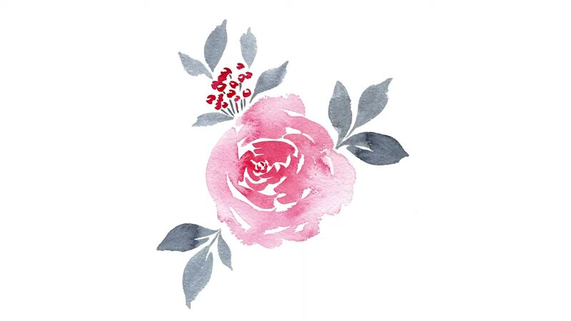 Aquarelle d'une grande rose rouge carmin, avec des feuilles bleu gris et une grappe de baies rouges.